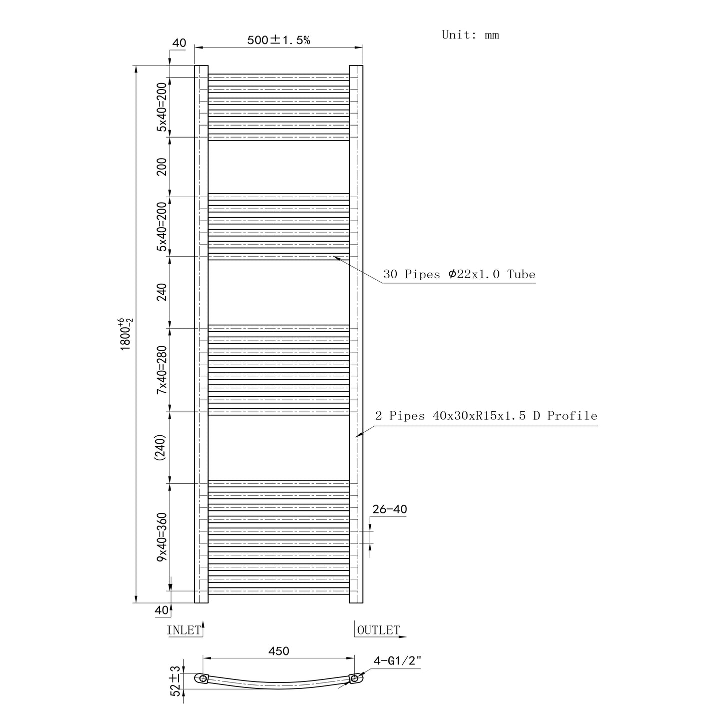 1800x500mm Chrome Heated Towel Rail Curved Bathroom Radiator Dimension