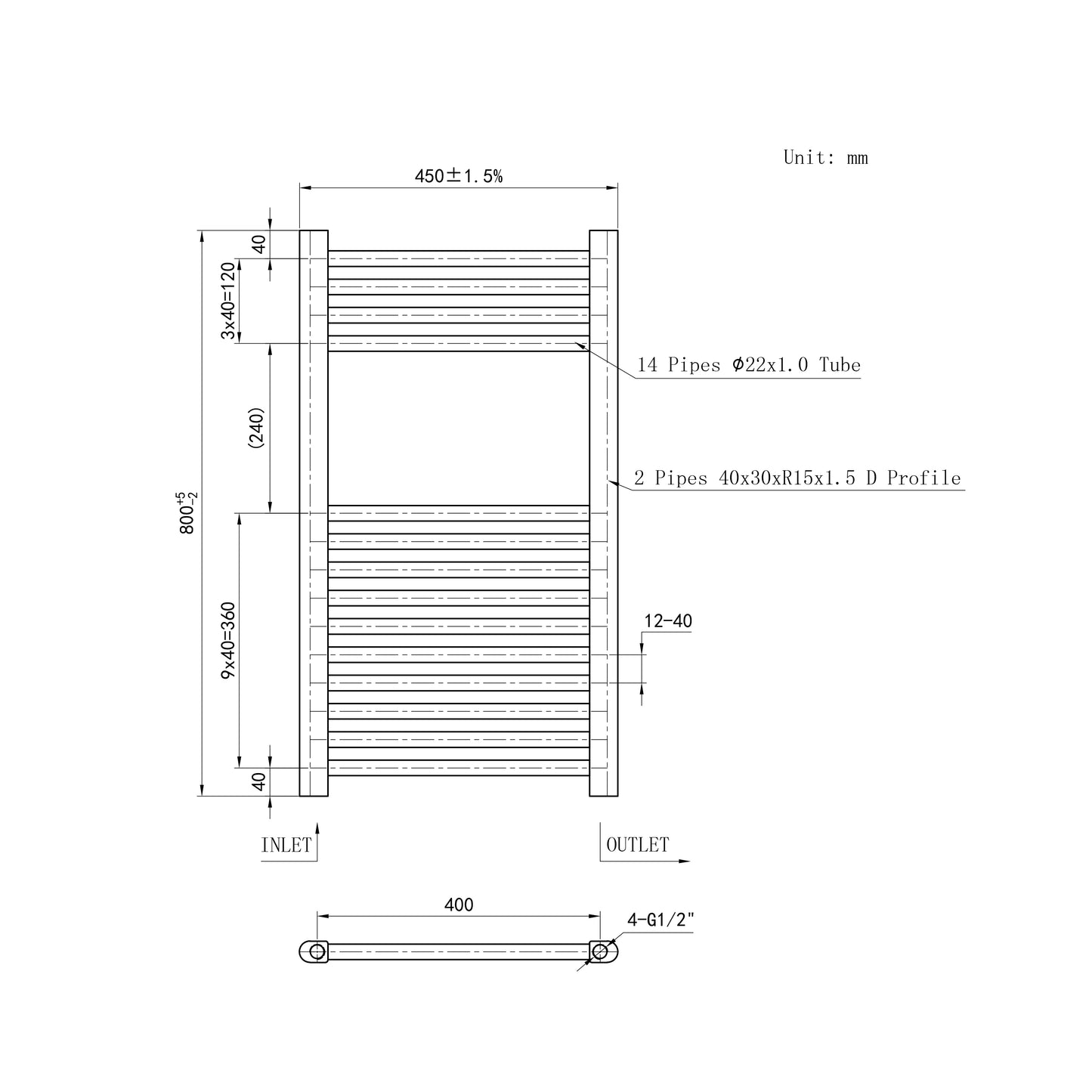 800x450mm Black Heated Towel Rail Straight Bathroom Radiator Dimension