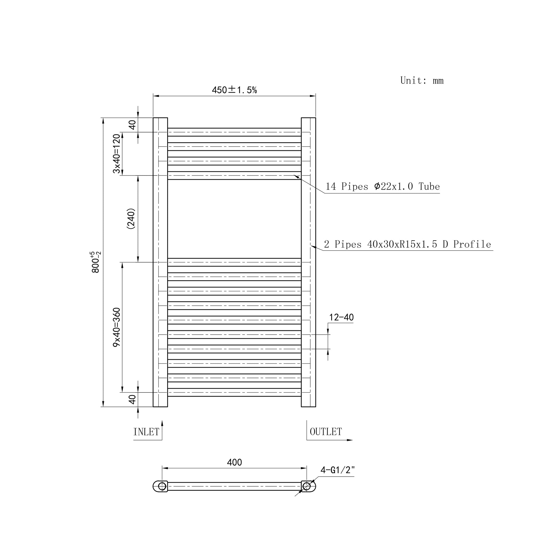 800x450mm Black Heated Towel Rail Straight Bathroom Radiator Dimension