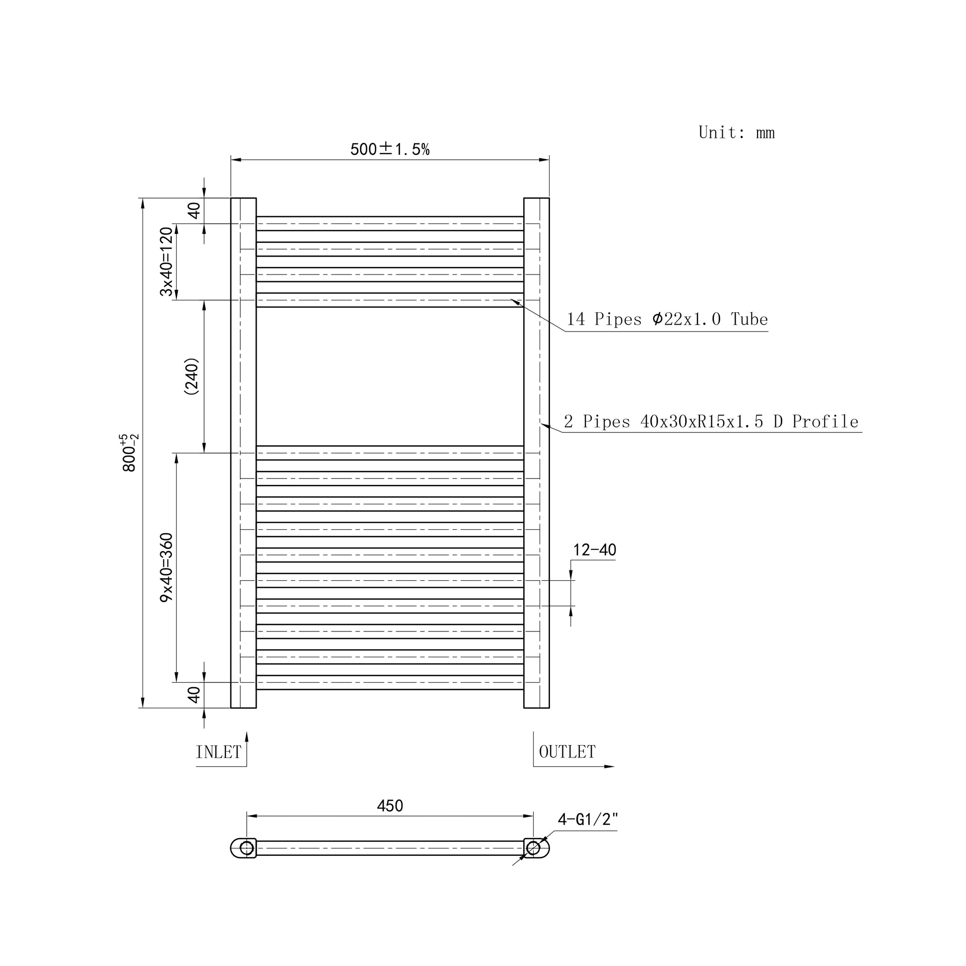 800x500mm Chrome Heated Towel Rail Straight Bathroom Radiator Dimension