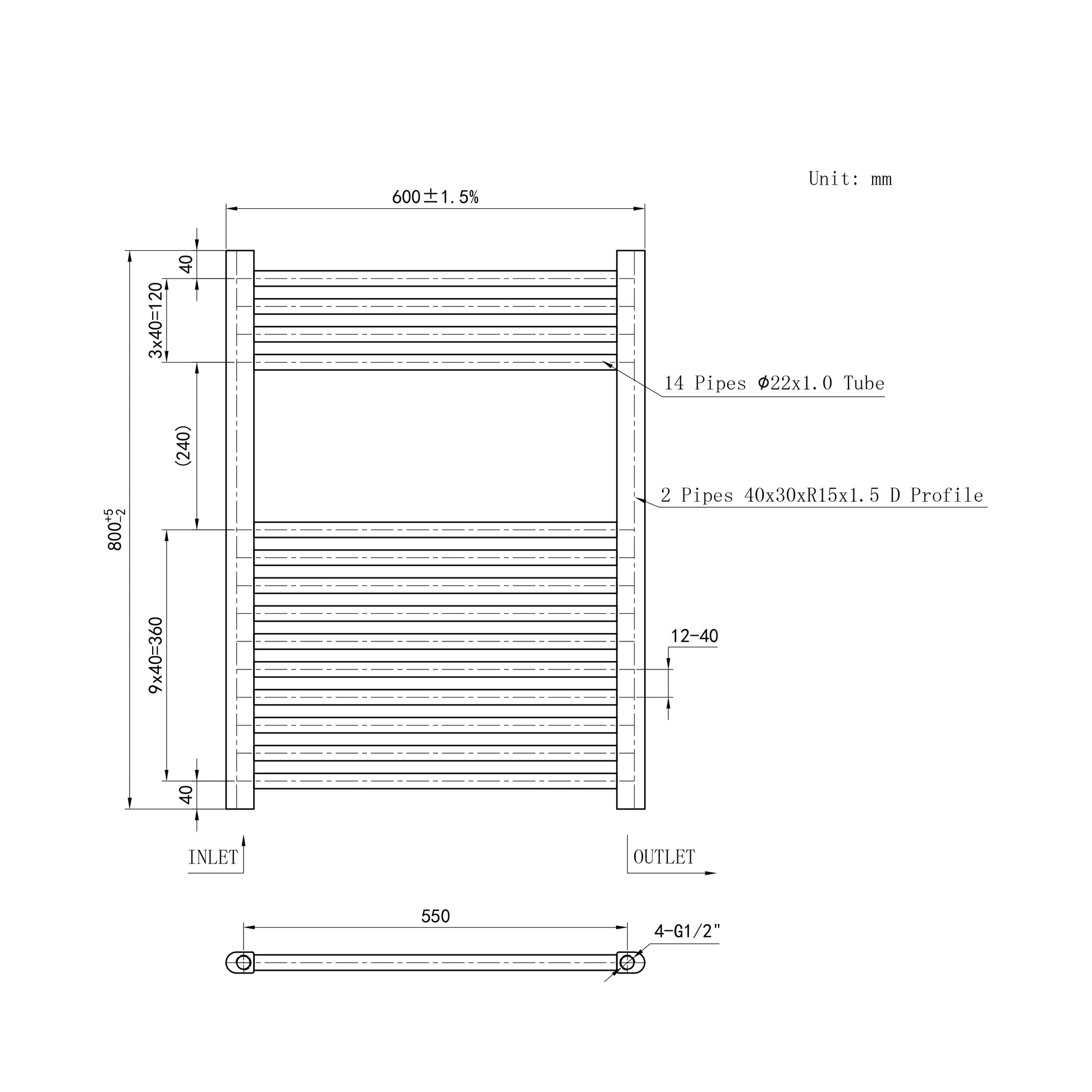 800x600mm Black Heated Towel Rail Straight Bathroom Radiator Dimension