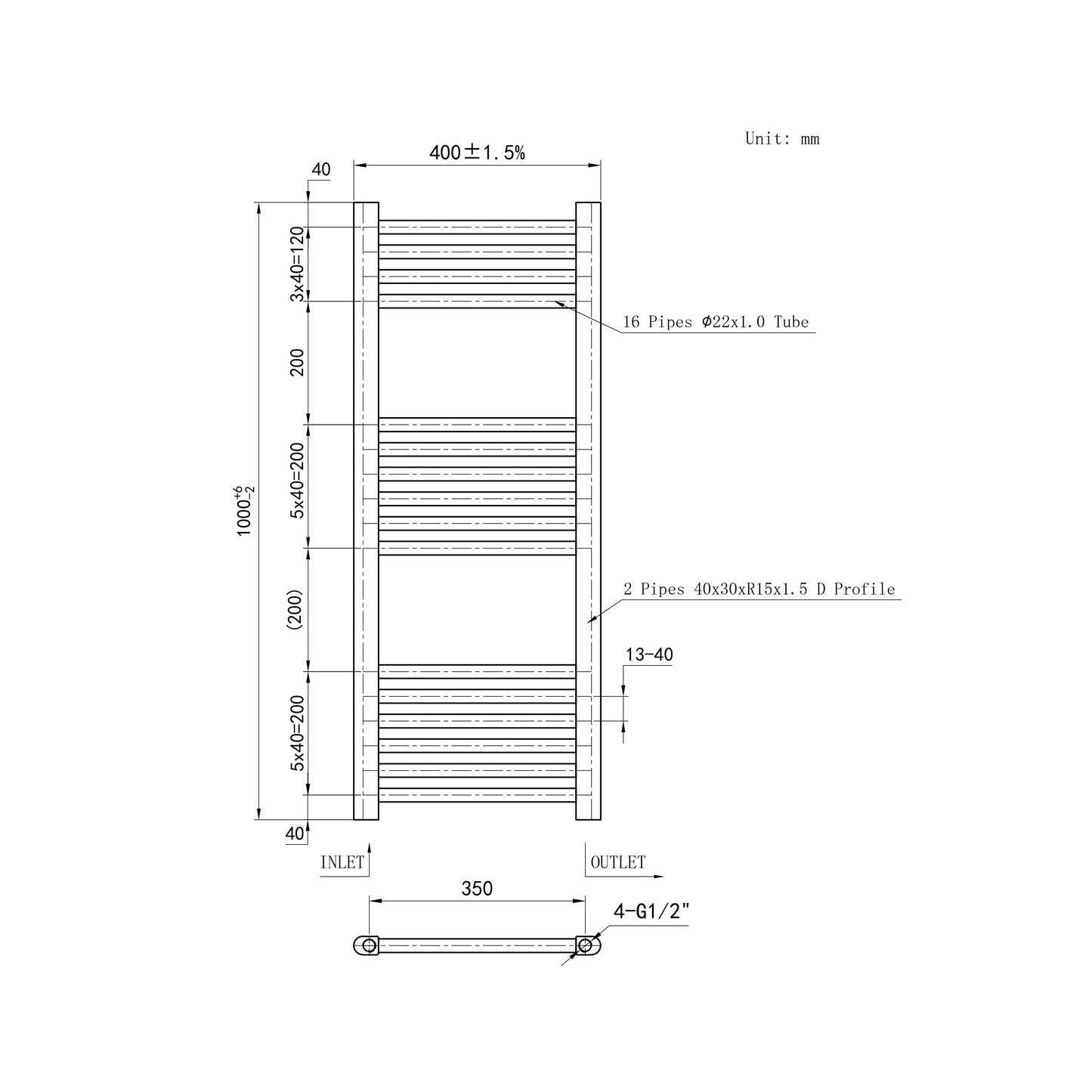 1000x400mm Black Heated Towel Rail Straight Bathroom Radiator Dimension