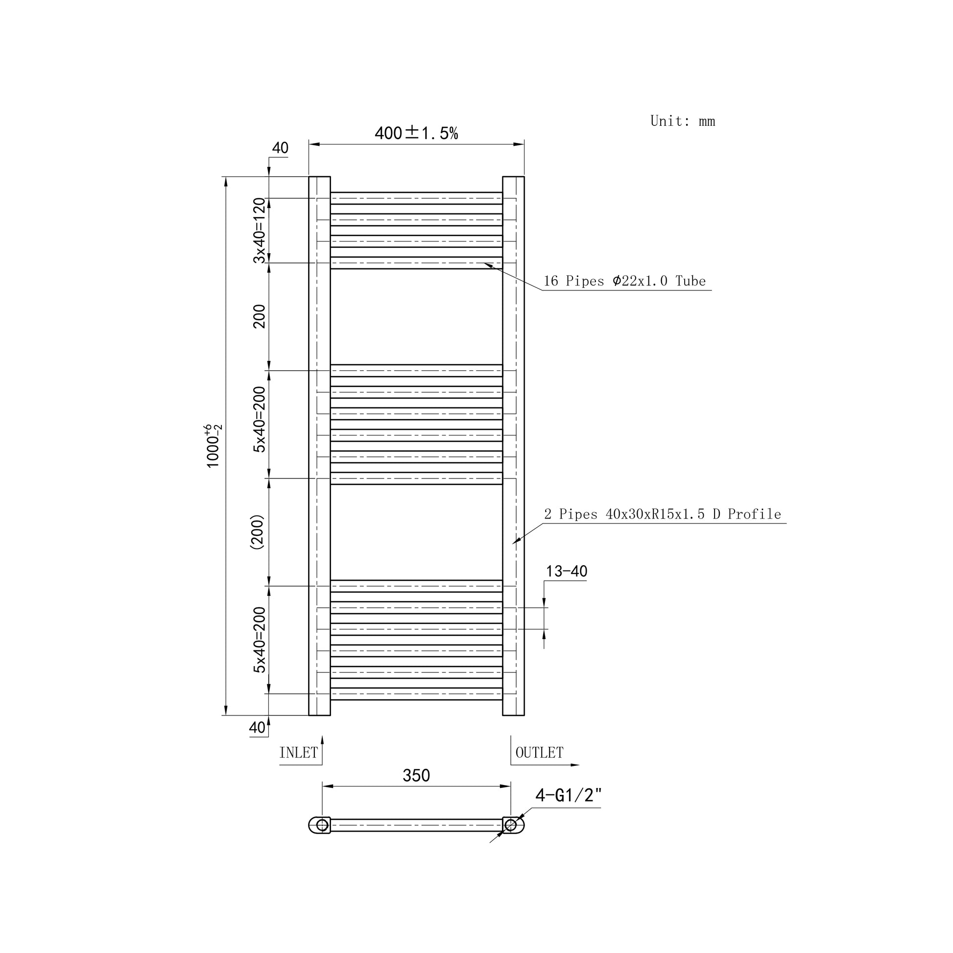 1000x400mm Black Heated Towel Rail Straight Bathroom Radiator Dimension