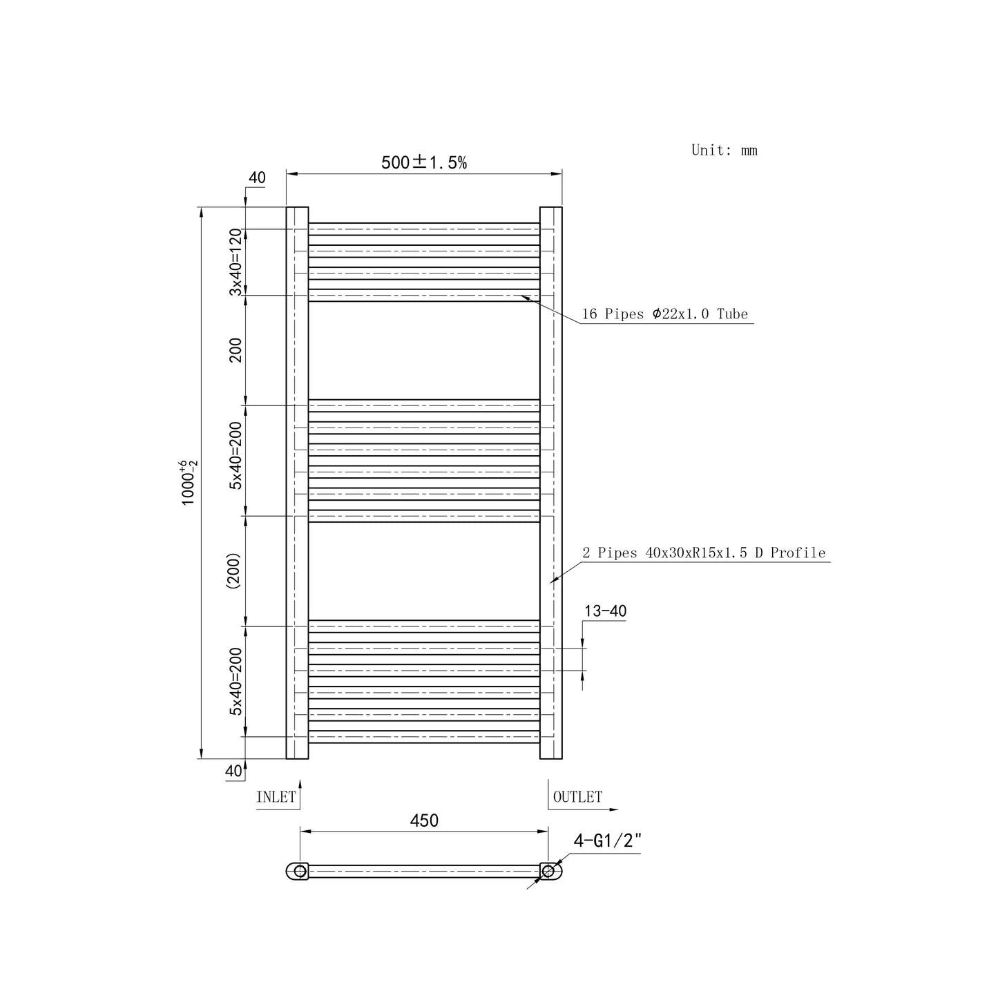 1000x500mm Black Heated Towel Rail Straight Bathroom Radiator Dimension