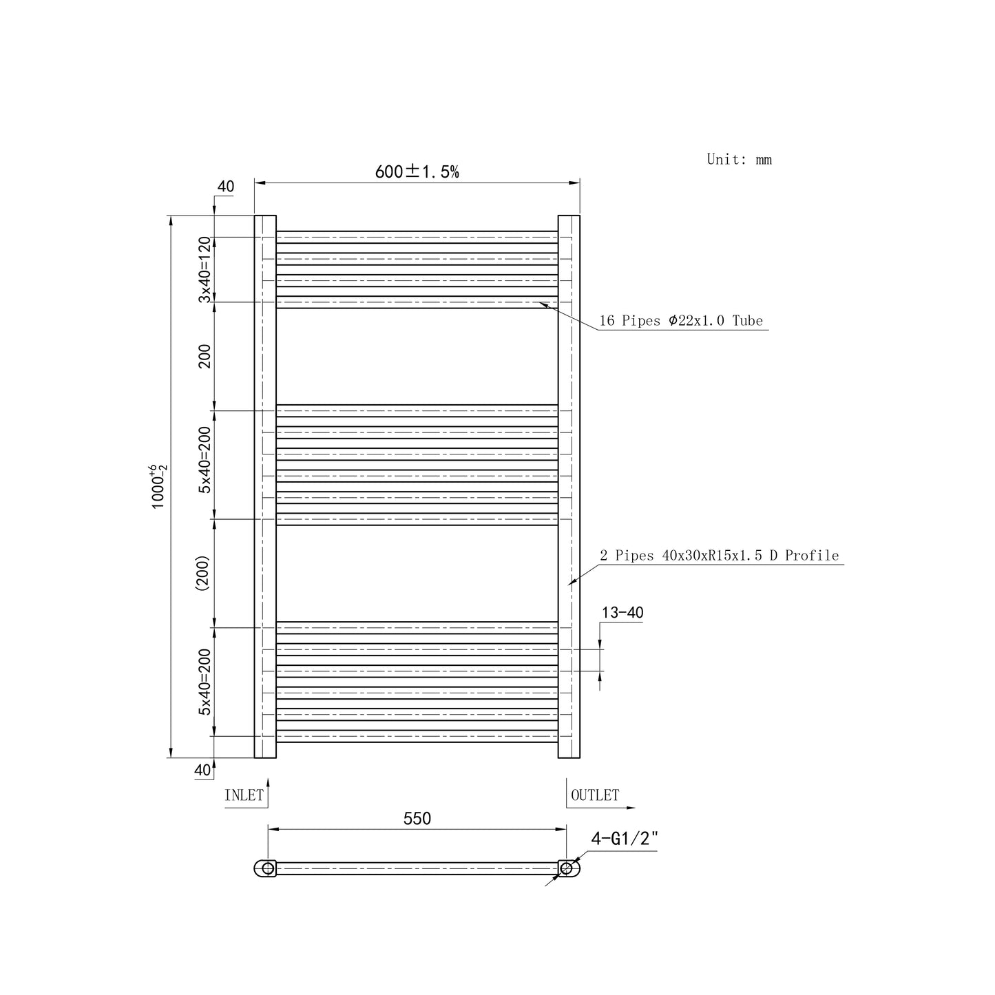 1000x600mm Black Heated Towel Rail Straight Bathroom Radiator Dimension