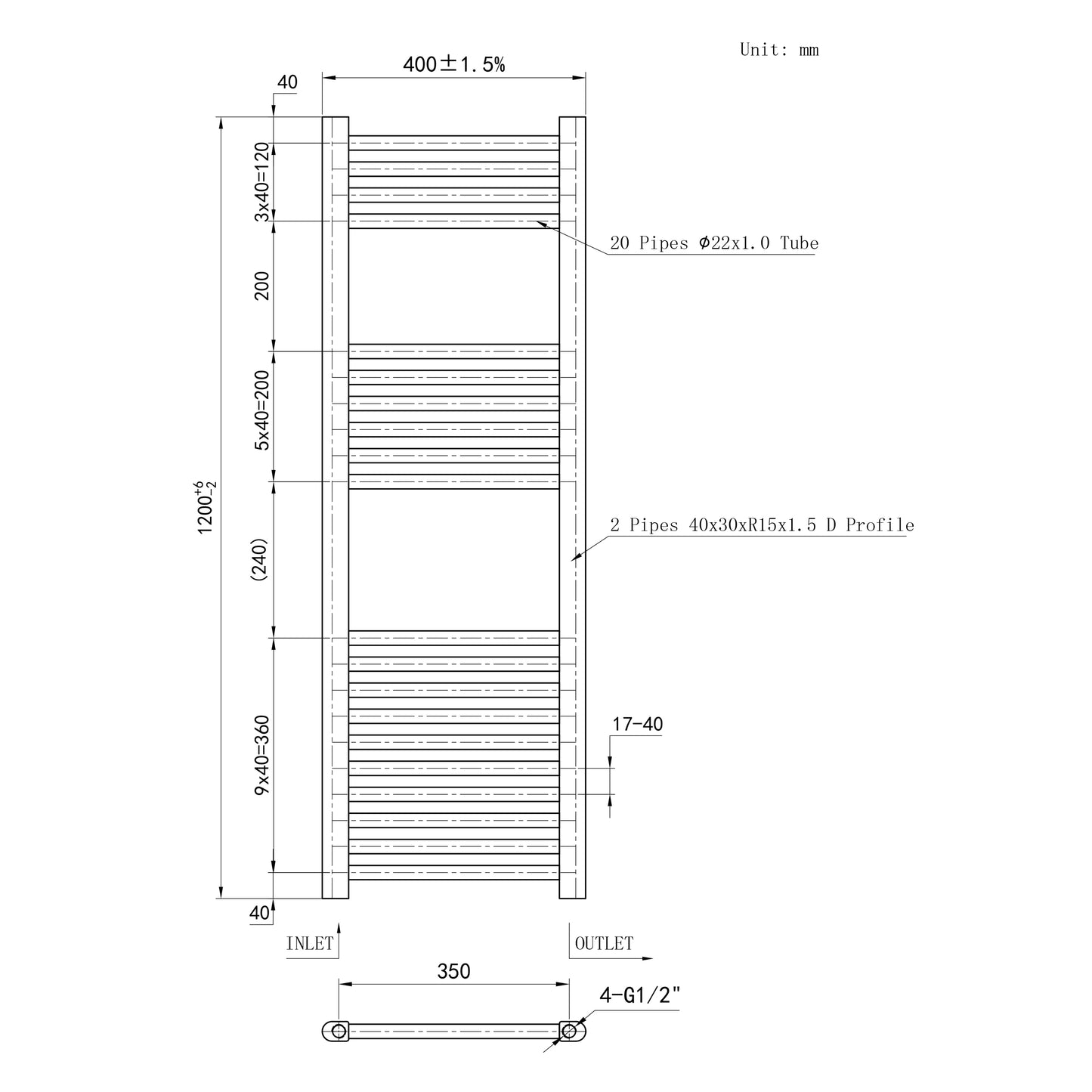 1200x400mm Black Heated Towel Rail Straight Bathroom Radiator Dimension