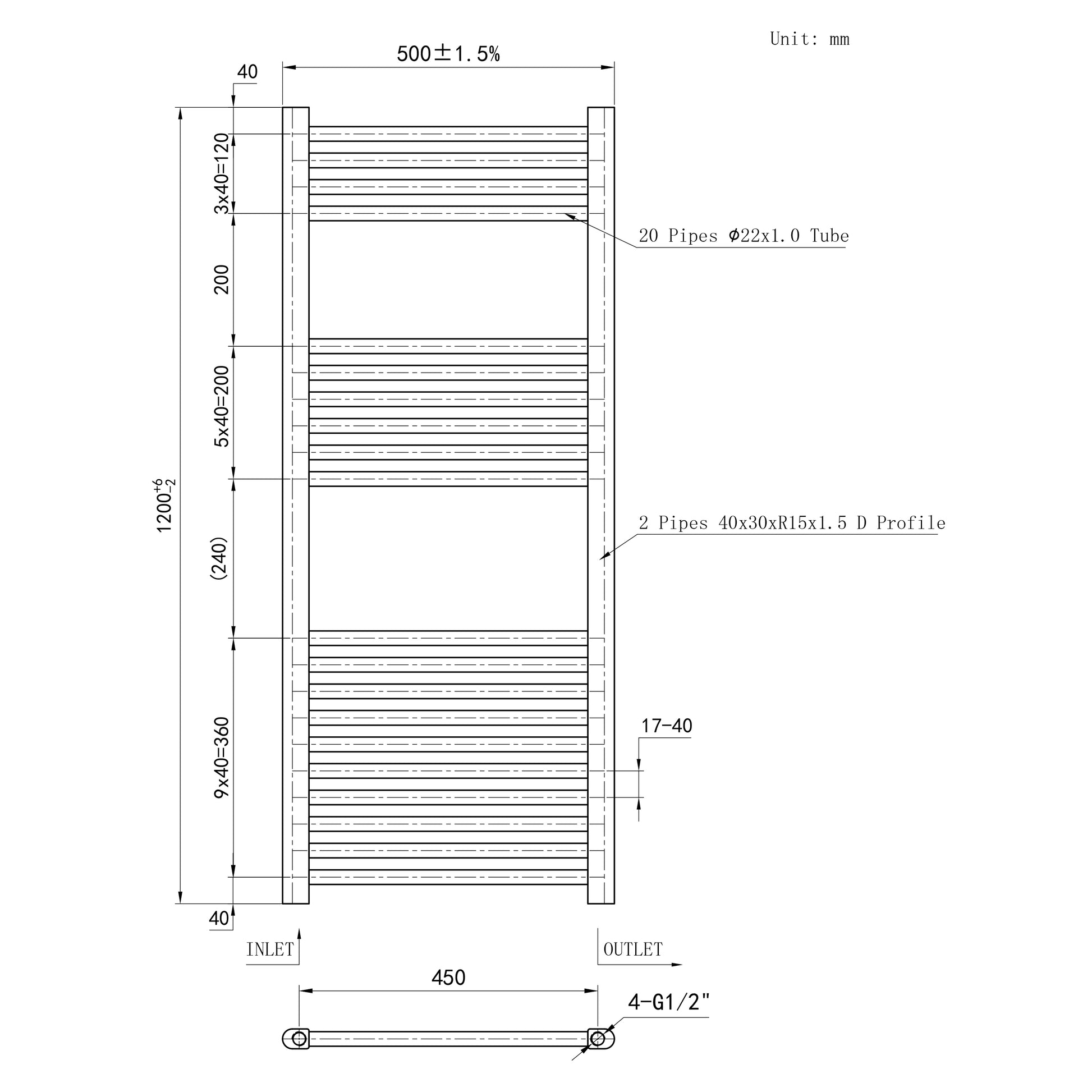 1200x500mm Black Heated Towel Rail Straight Bathroom Radiator Dimension