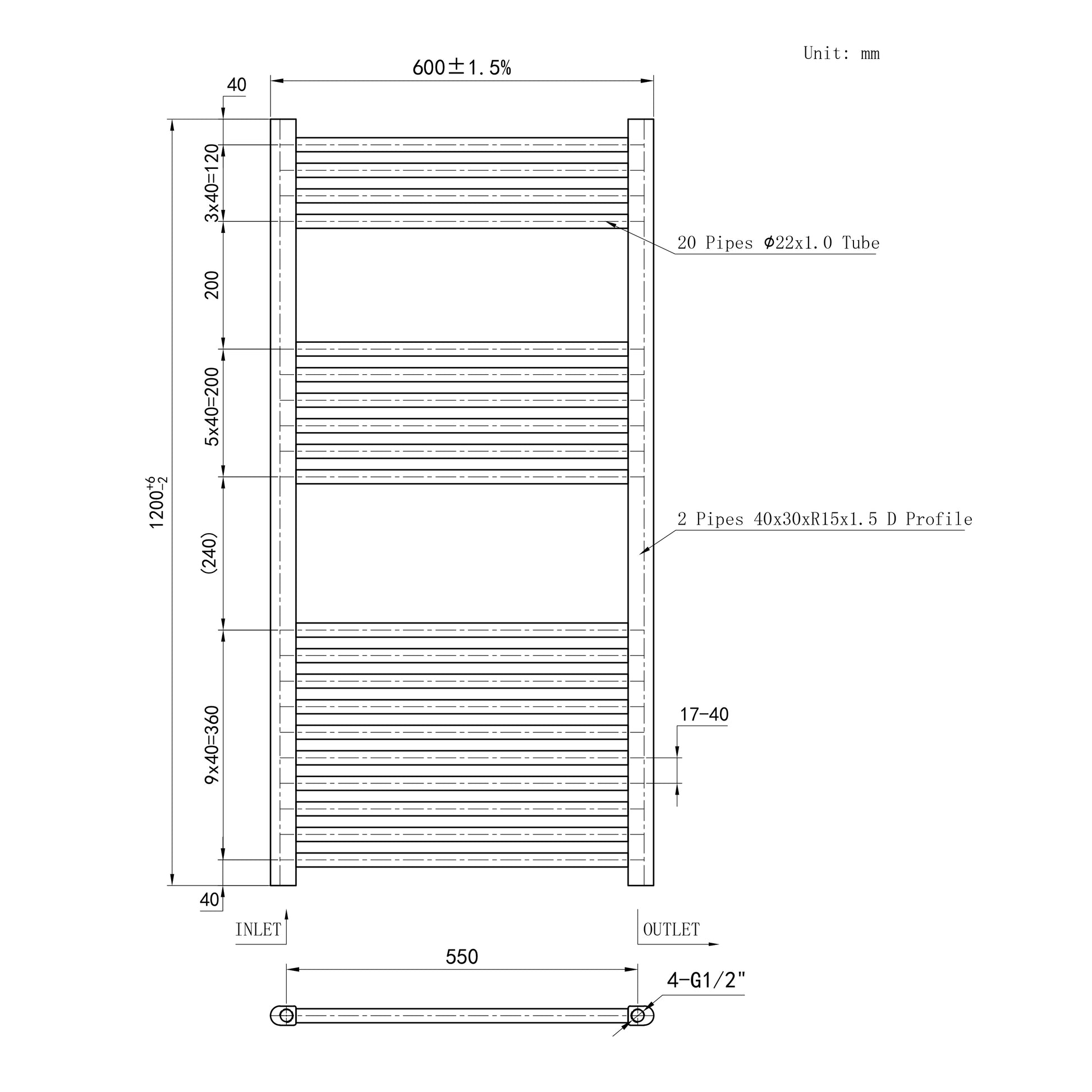 1200x600mm Black Heated Towel Rail Straight Bathroom Radiator Dimension