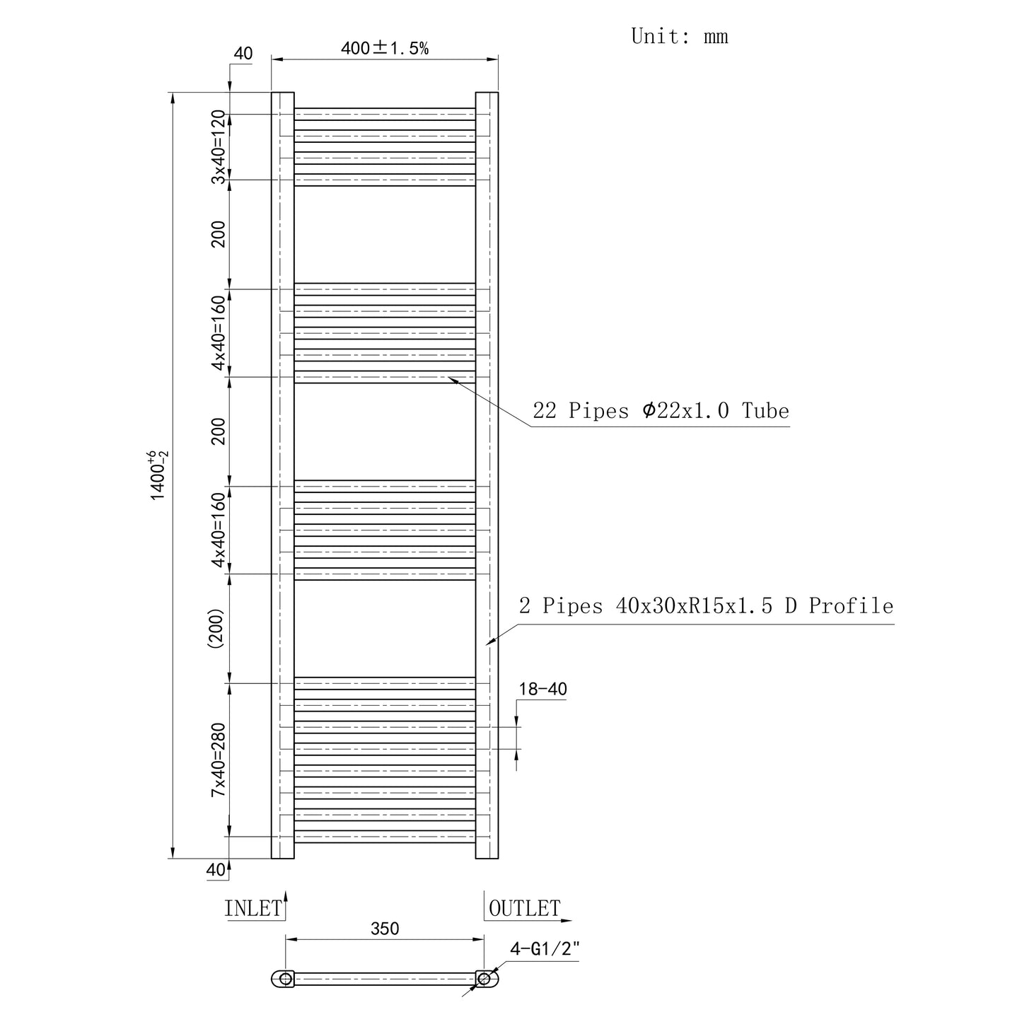 1400x400mm Chrome Heated Towel Rail Straight Bathroom Radiator Dimension