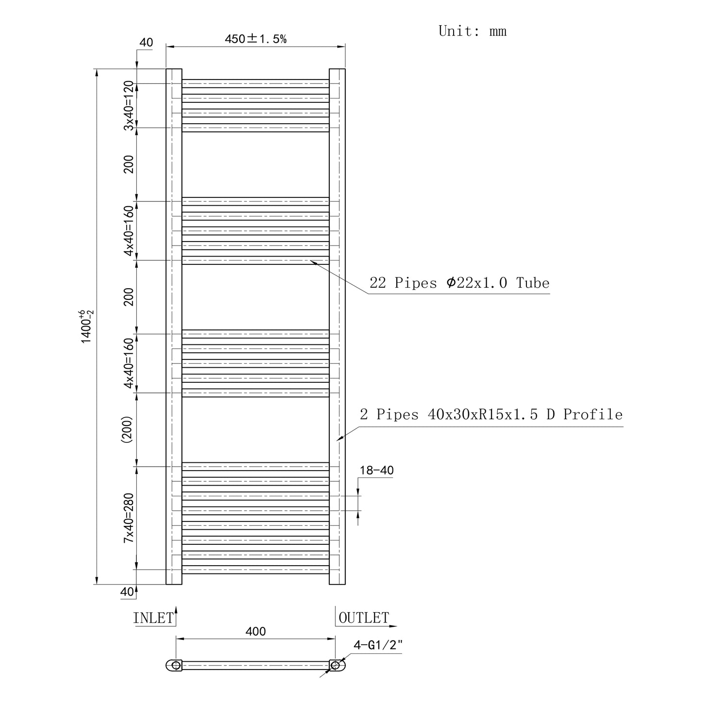 1400x450mm Black Heated Towel Rail Straight Bathroom Radiator Dimension