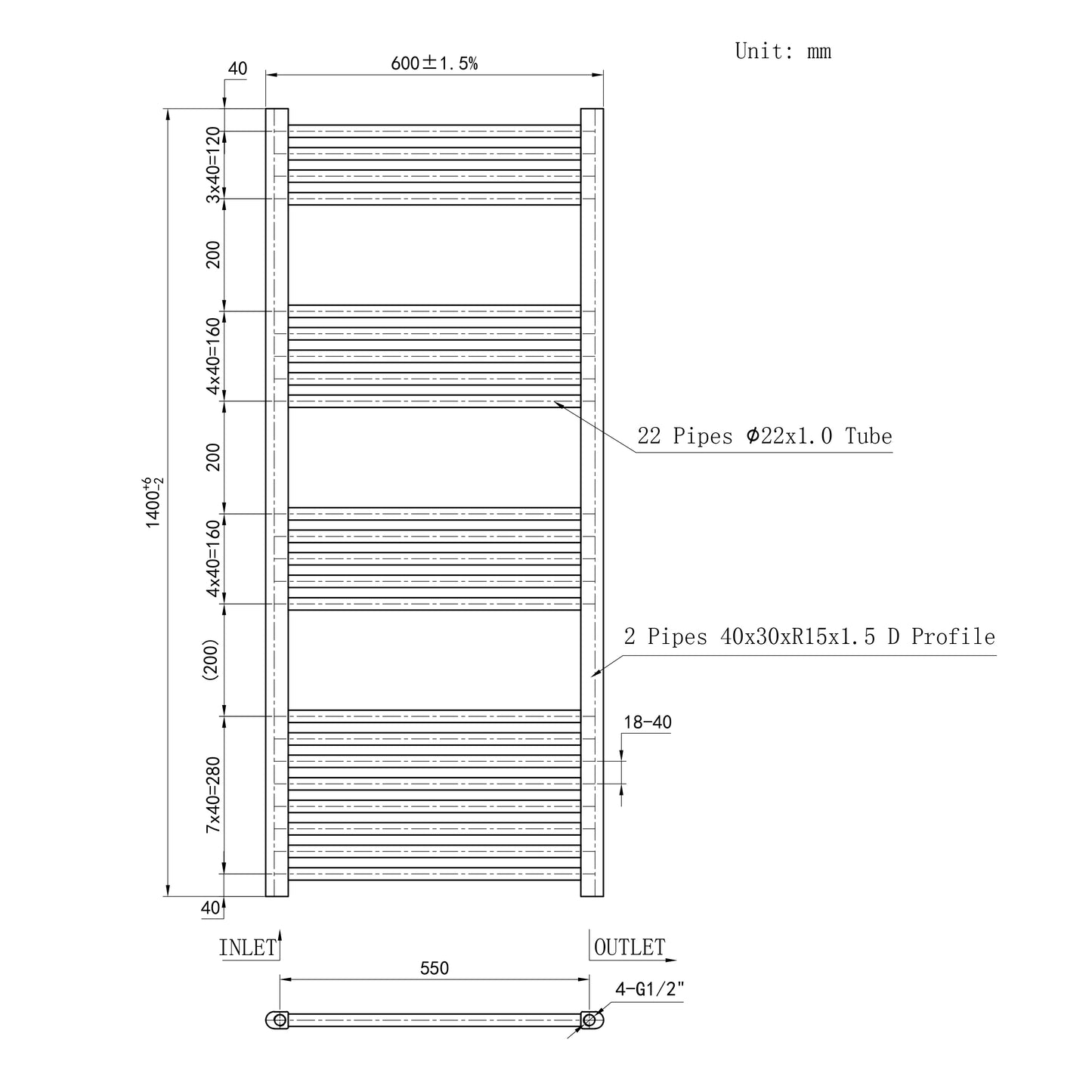 1400x600mm Black Heated Towel Rail Straight Bathroom Radiator Dimension