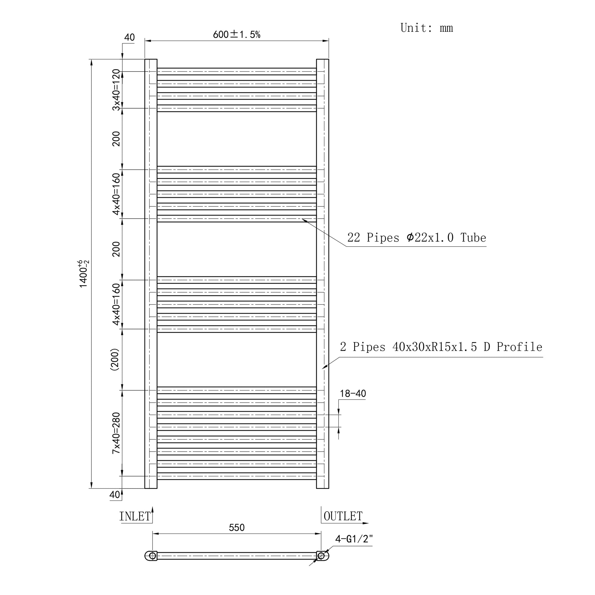 1400x600mm Black Heated Towel Rail Straight Bathroom Radiator Dimension