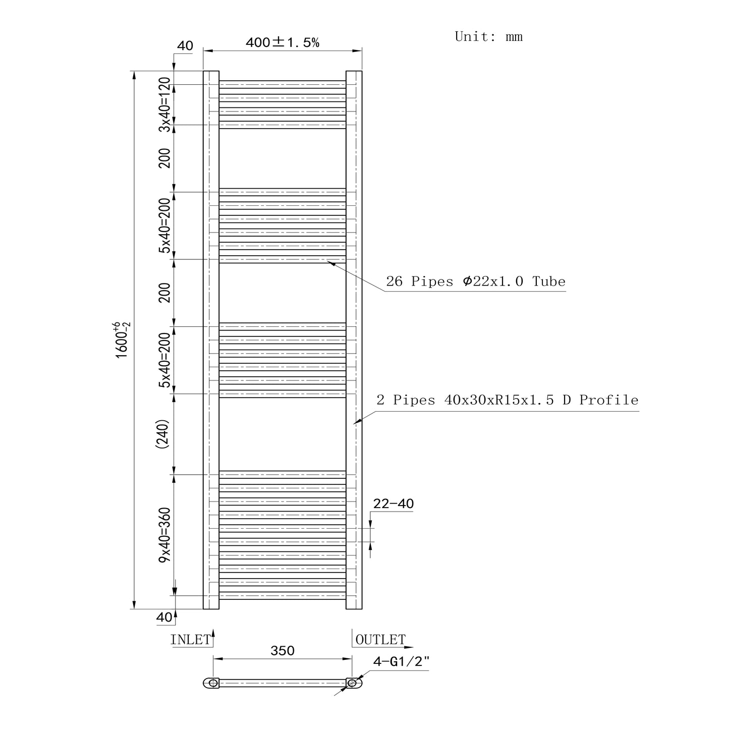 1600x400mm Black Heated Towel Rail Straight Bathroom Radiator Dimension