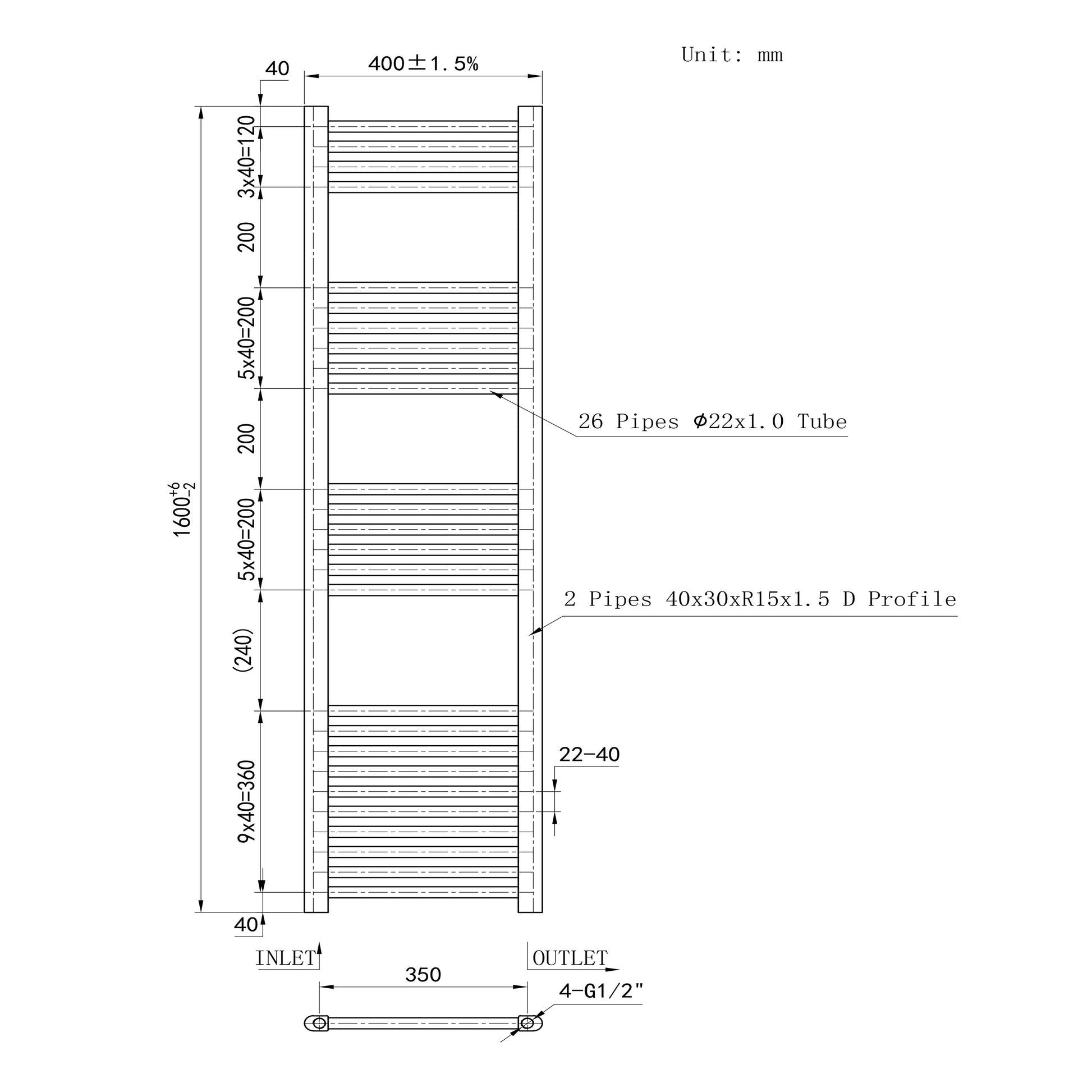 1600x400mm Black Heated Towel Rail Straight Bathroom Radiator Dimension