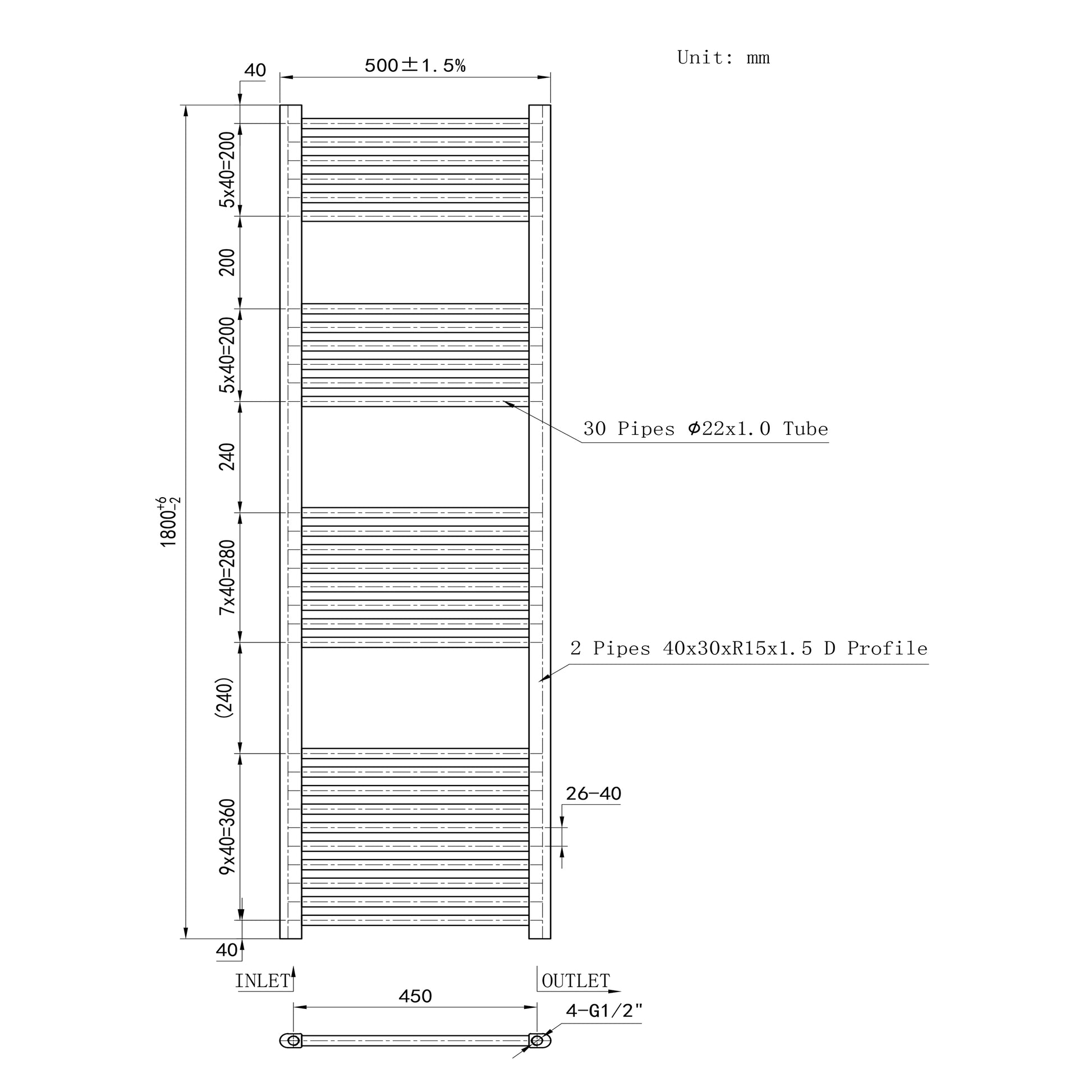 1800x500mm Black Heated Towel Rail Straight Bathroom Radiator Dimension