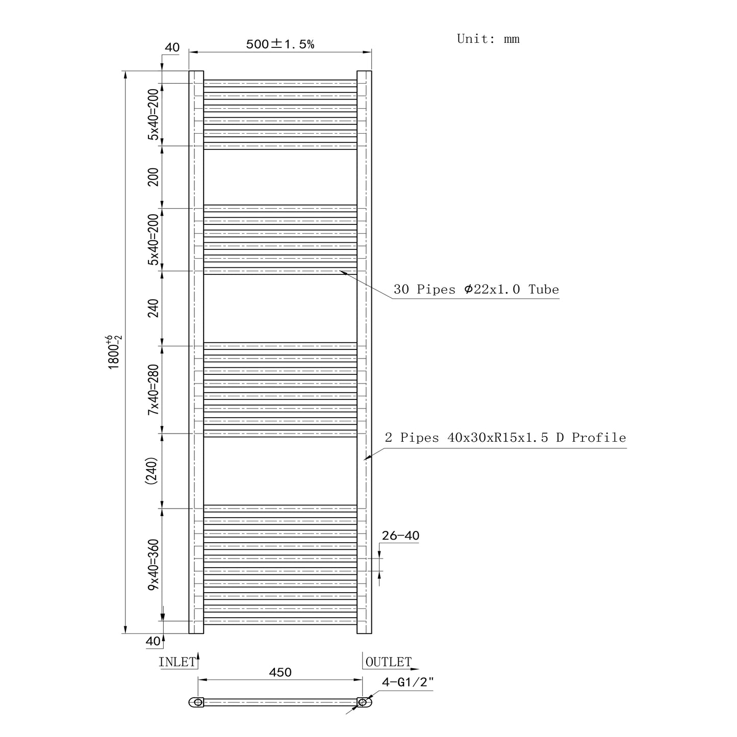 1800x500mm Chrome Heated Towel Rail Straight Bathroom Radiator Dimension