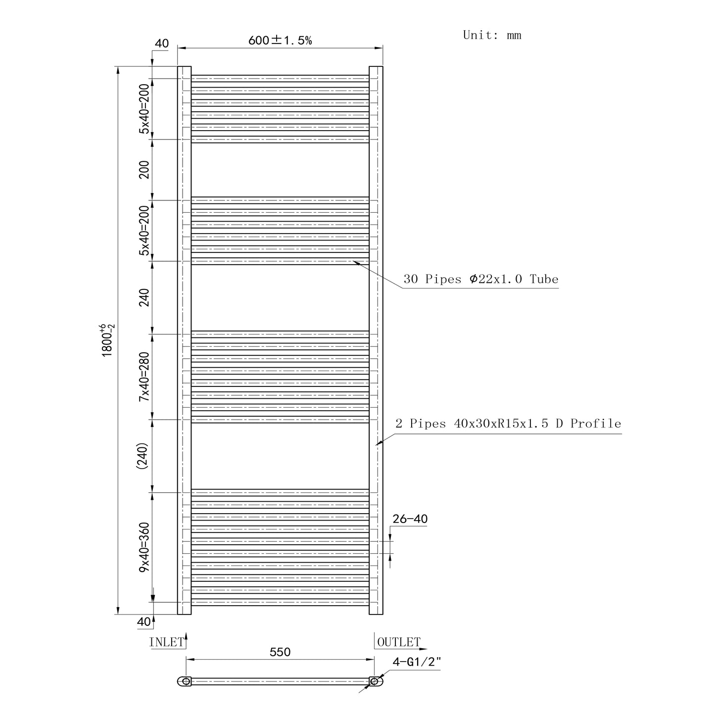 1800x600mm Chrome Heated Towel Rail Straight Bathroom Radiator Dimension