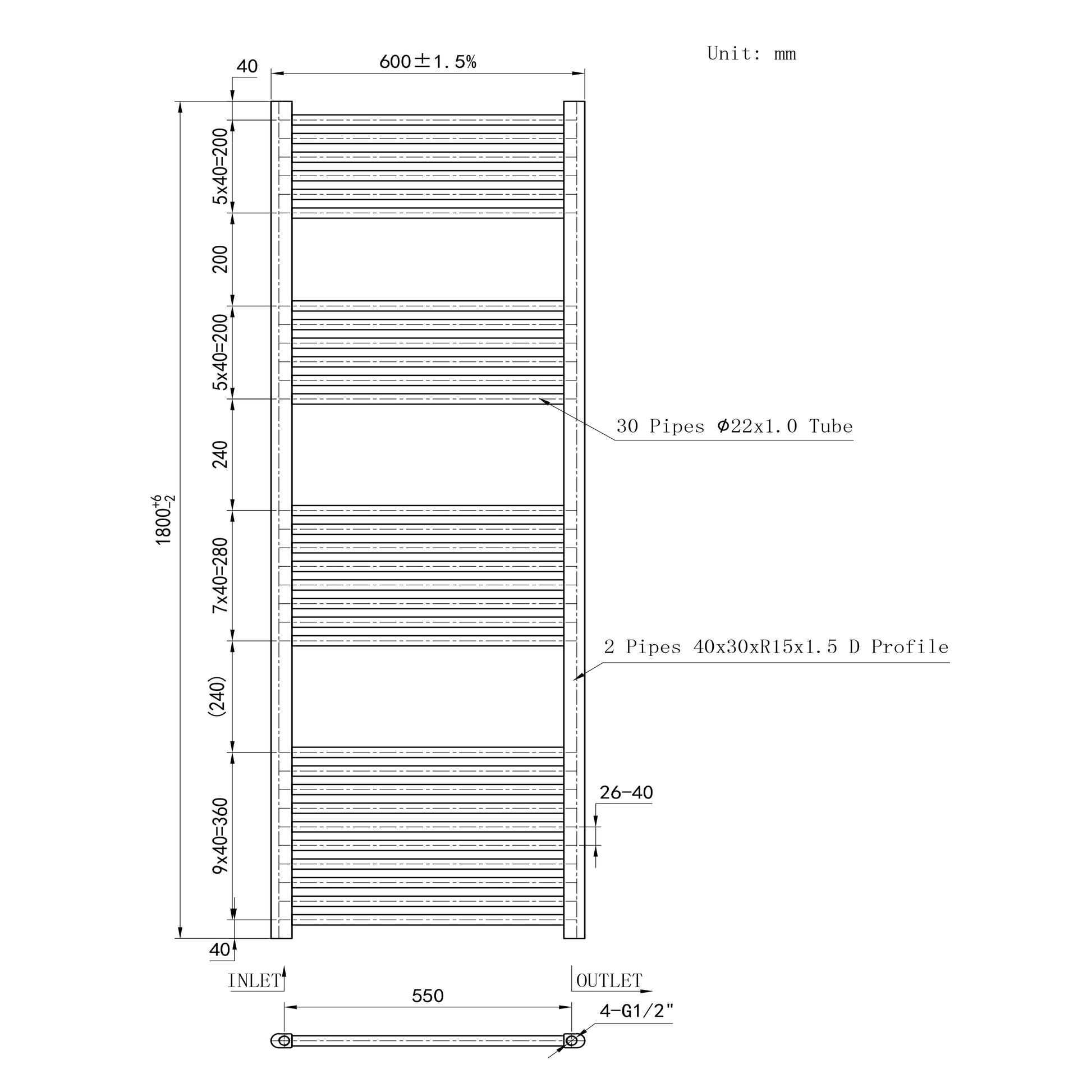 1800x600mm Chrome Heated Towel Rail Straight Bathroom Radiator Dimension