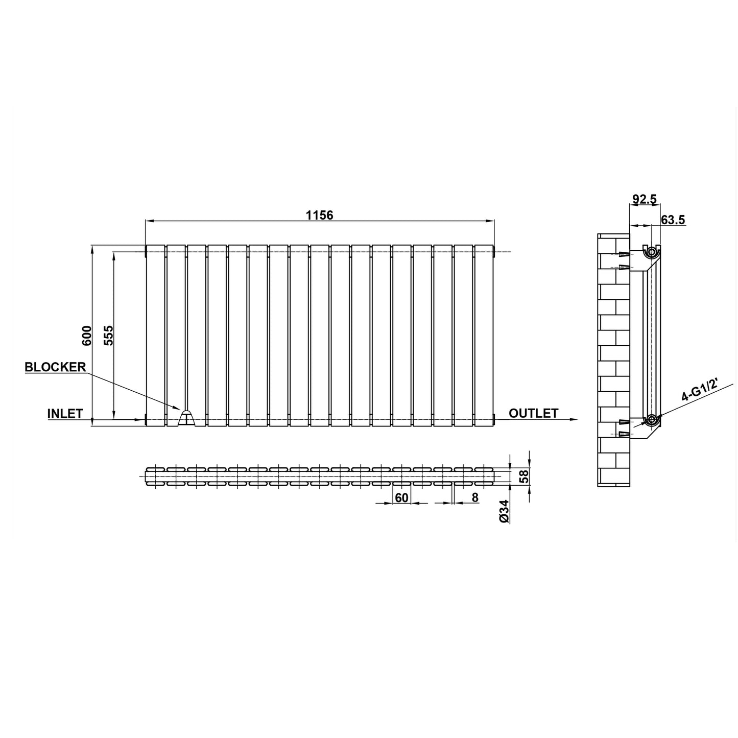 600x1156mm Double White Flat Panel Radiator Dimension