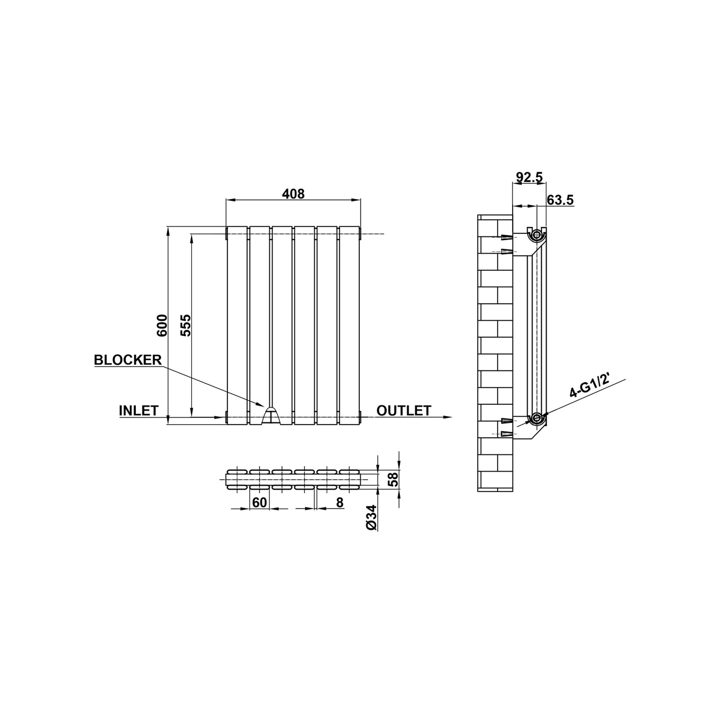 600x408mm Double Anthracite Flat Panel Radiator Dimension