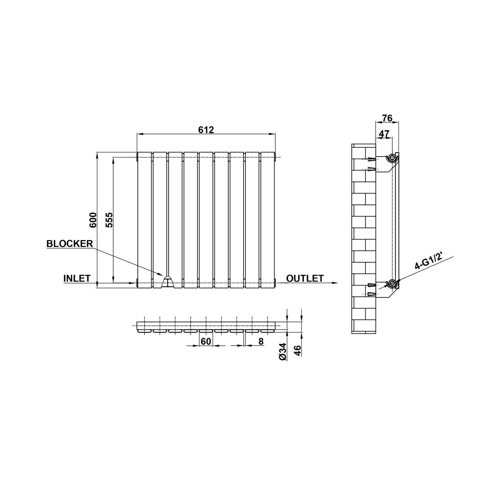 600x612mm Single White Flat Panel Radiator Dimension