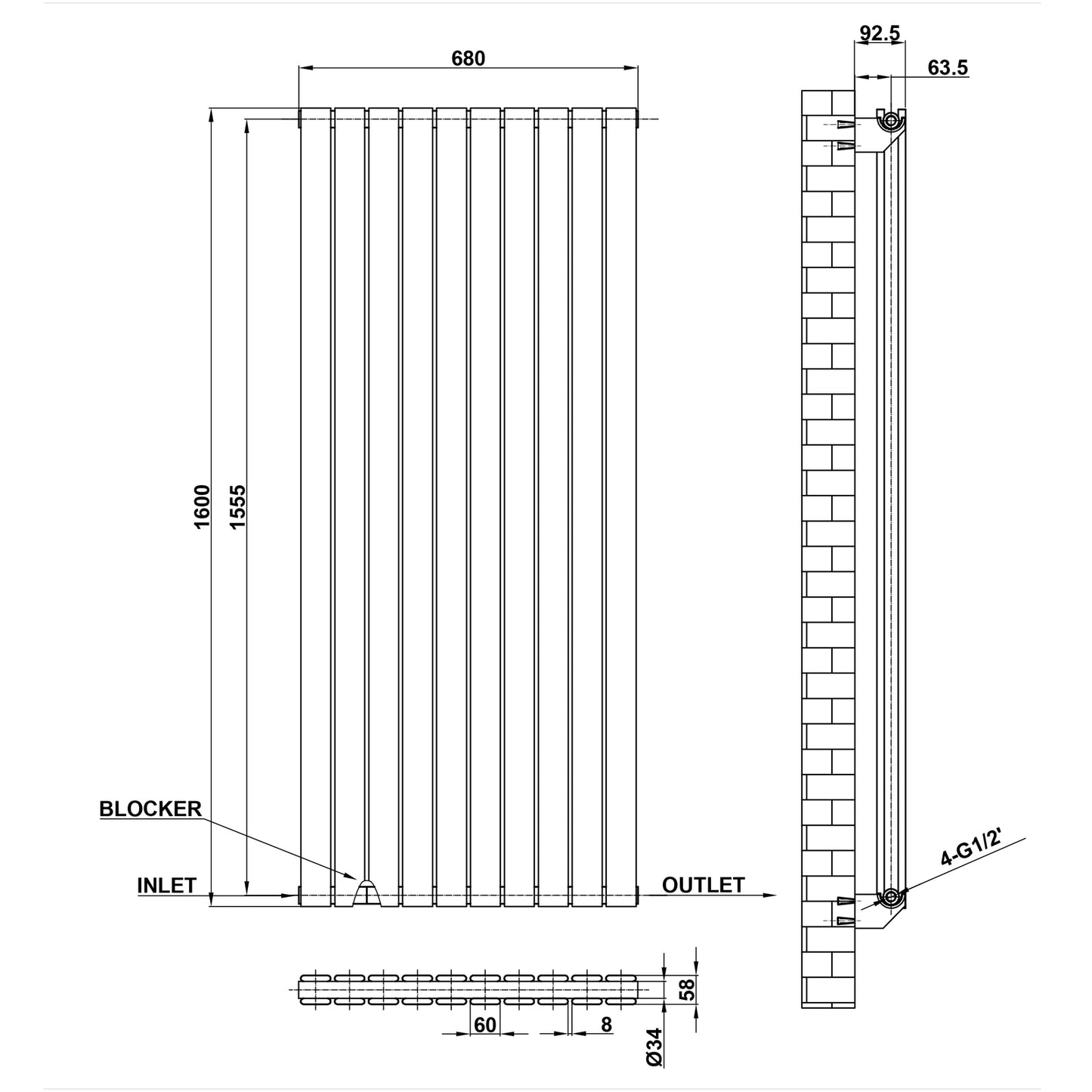 1600x680mm Double Anthracite Flat Panel Radiator Dimension