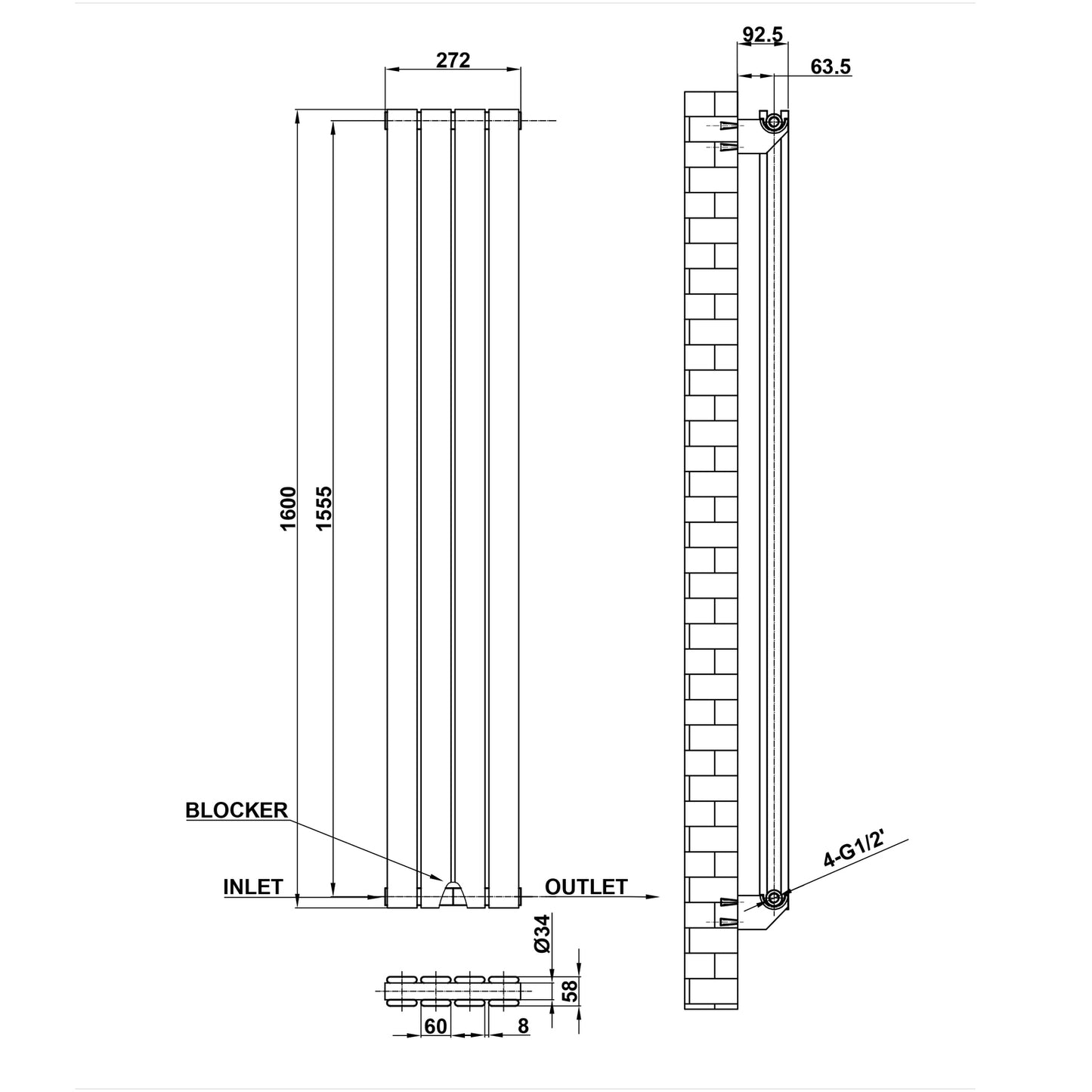 1600x272mm Double Anthracite Flat Panel Radiator Dimension