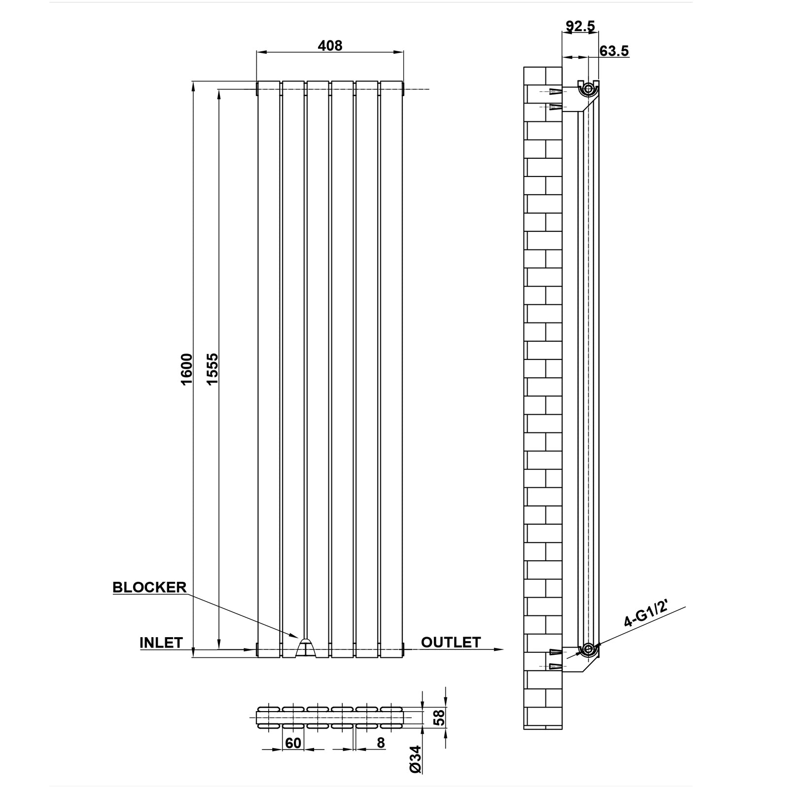 1600x408mm Double Anthracite Flat Panel Radiator Dimension