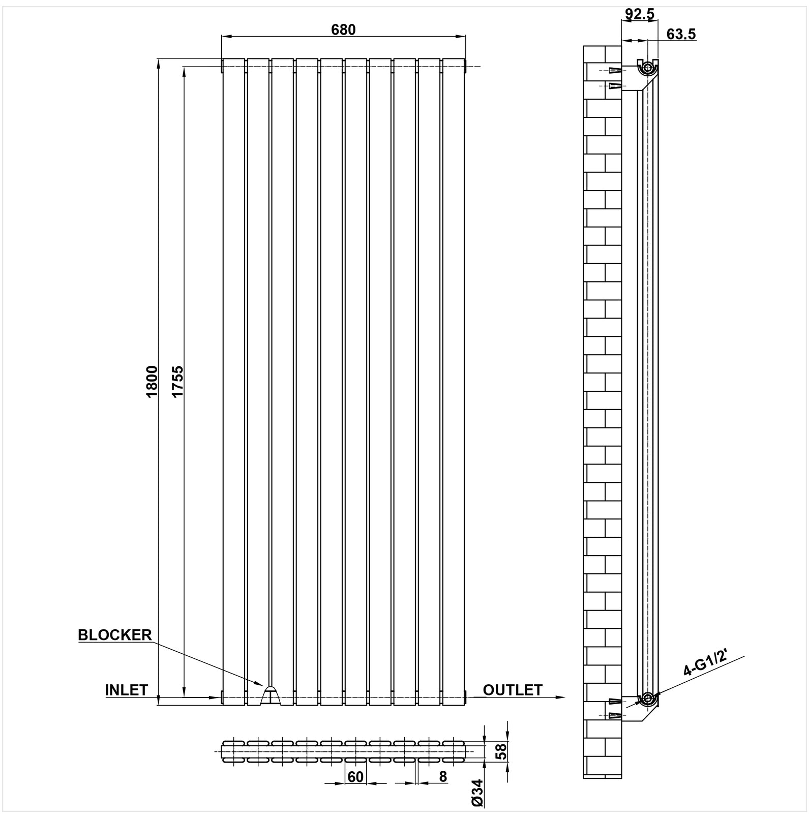 1800x680mm Double White Flat Panel Radiator Dimension