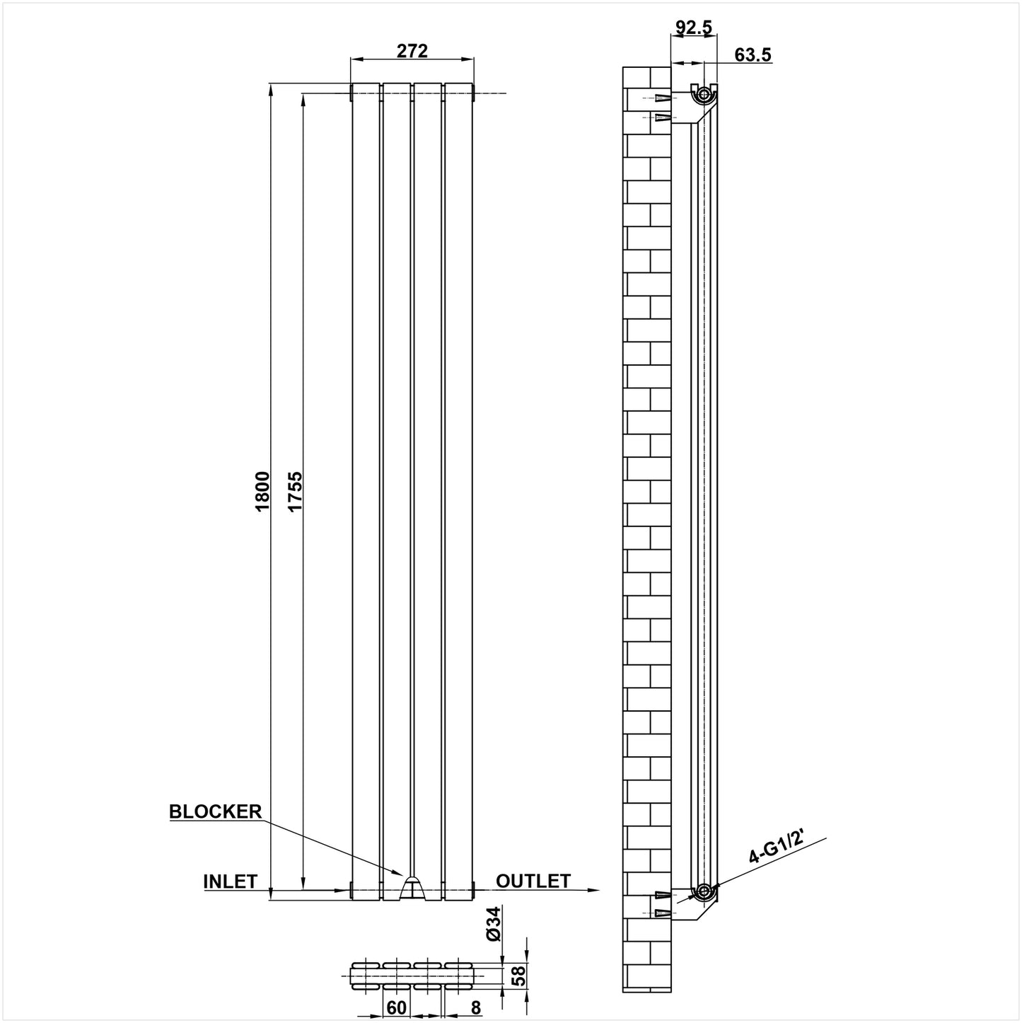 1800x272mm Double White Flat Panel Radiator Dimension