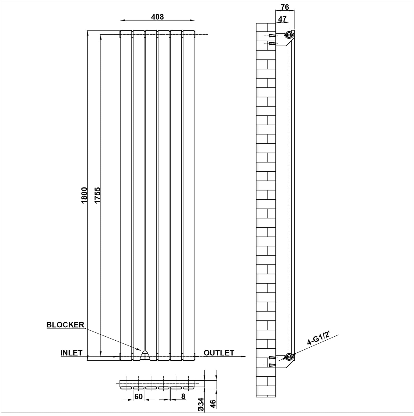 1800x408mm Single White Flat Panel Radiator Dimension