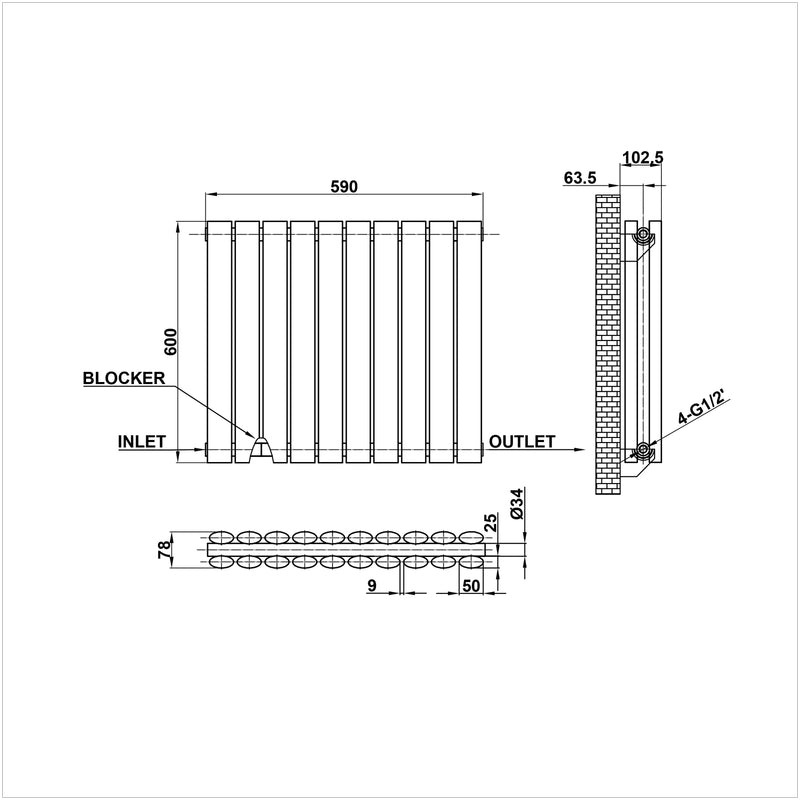 600x590mm double white oval column radiator dimension