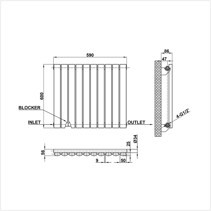 600x590mm single white oval column radiator dimension