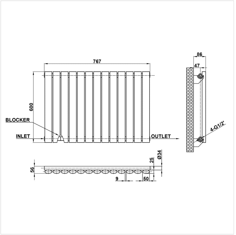 600x767mm single white oval column radiator dimension