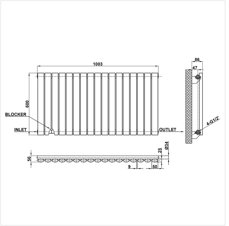 600x1003mm single white oval column radiator dimension