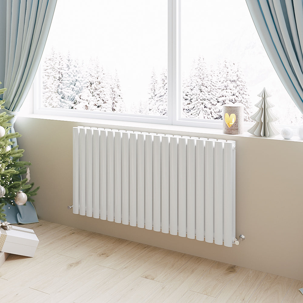 Aidal- Designer Horizontal 600x1180mm Double White Oval Column Radiator