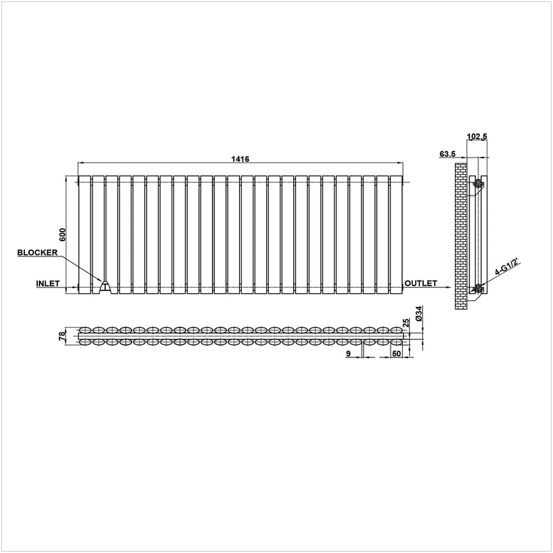 600x1416mm double anthracite oval column radiator dimension