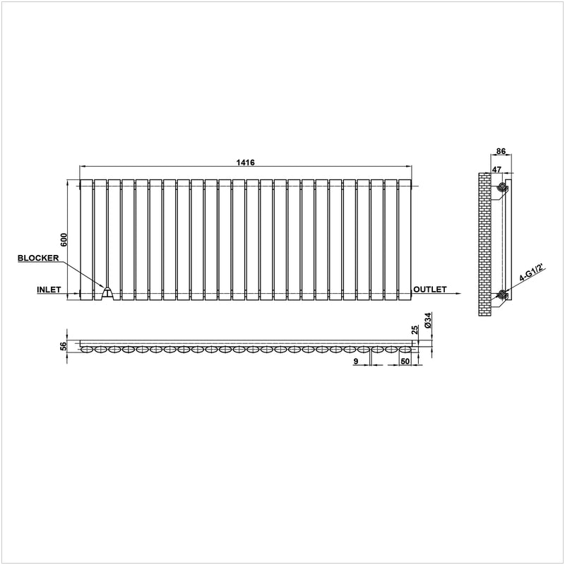 600x1416mm single anthracite oval column radiator dimension