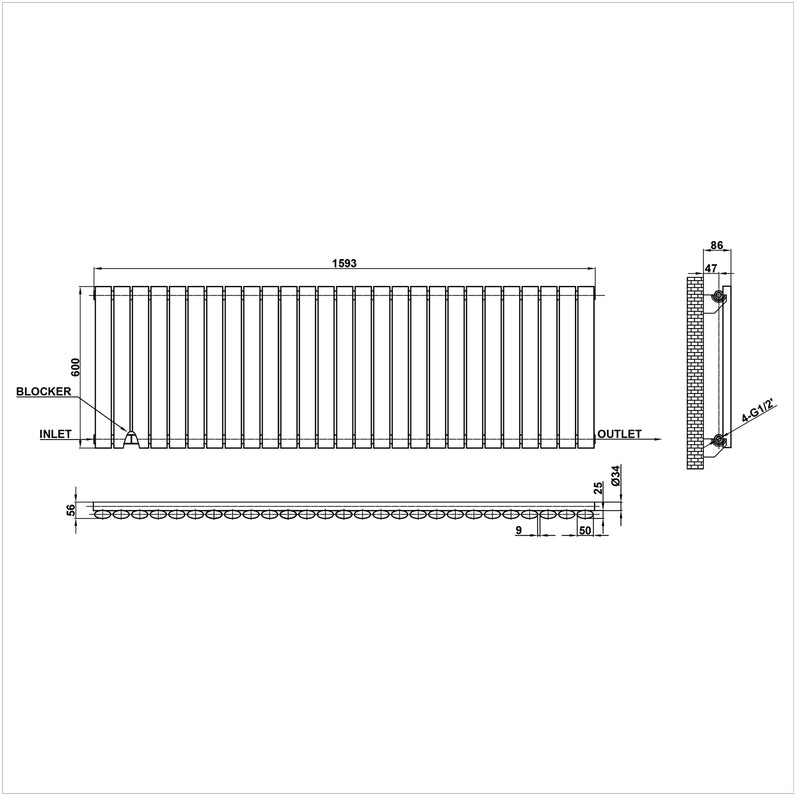 600x1593mm single white oval column radiator dimension