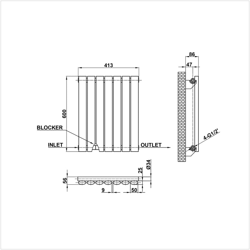 600x413mm single anthracite oval column radiator dimension