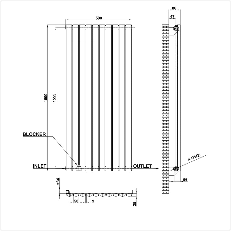 1600x590mm single anthracite oval column radiator dimension