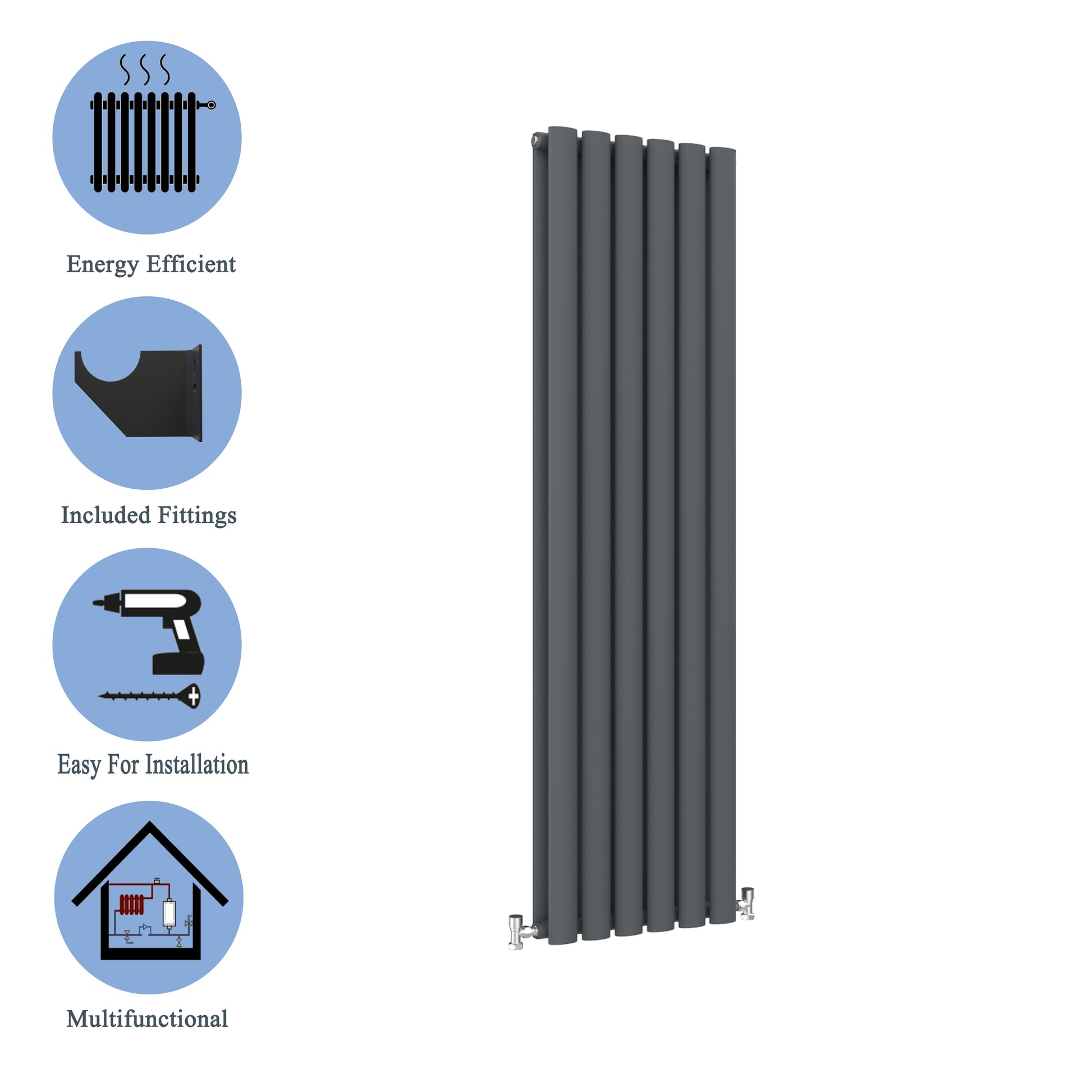 Aidal- Designer Vertical 1600x354mm Double Anthracite Oval Column Radiator