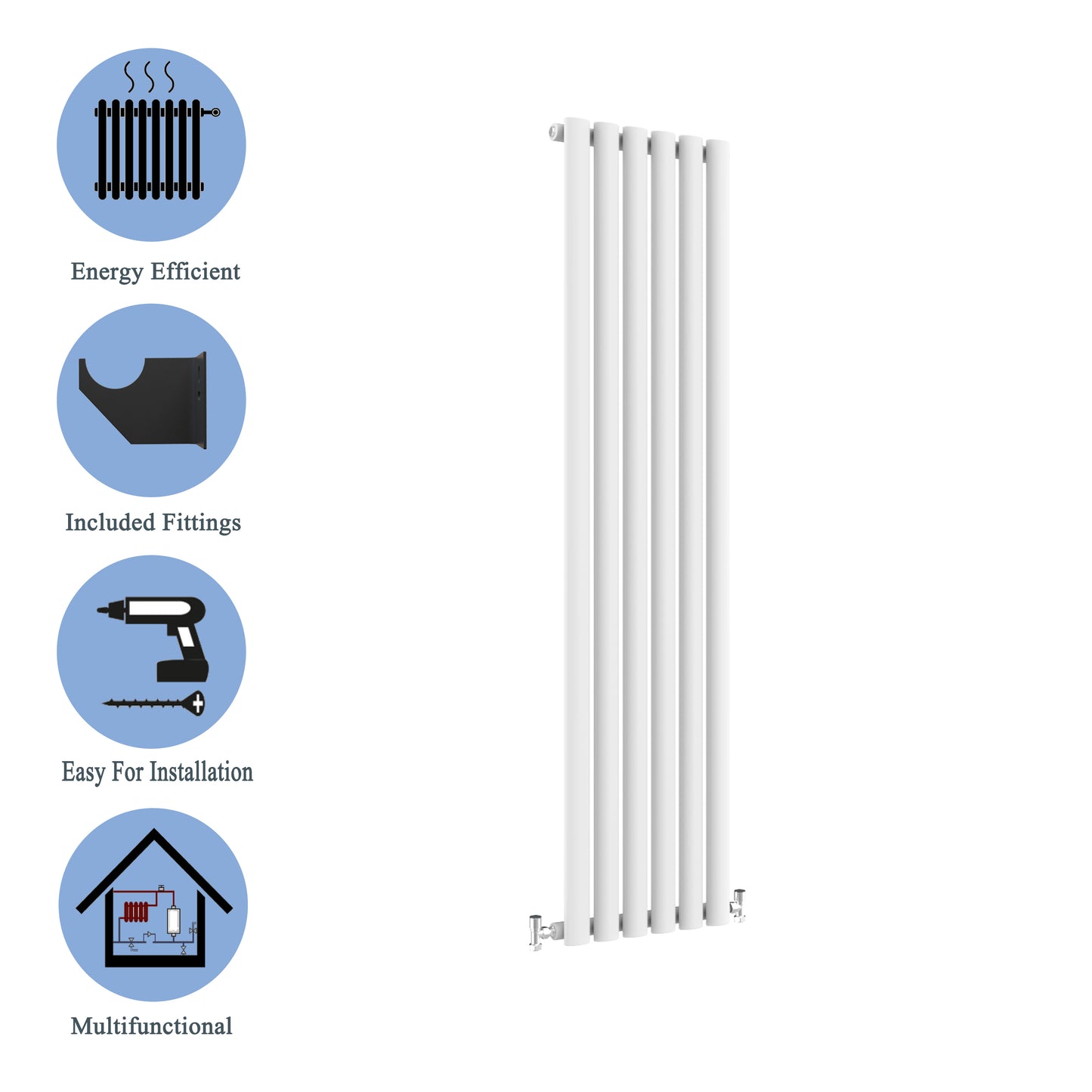 Aidal- Designer Vertical 1600x354mm Single White Oval Column Radiator