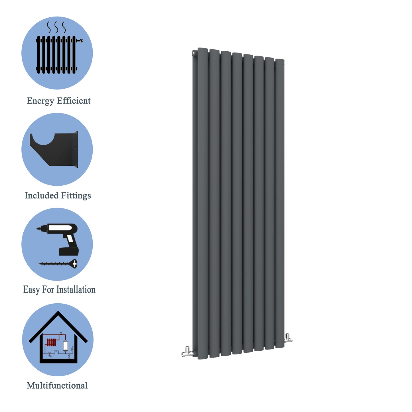 Aidal- Designer Vertical 1600x472mm Double Anthracite Oval Column Radiator