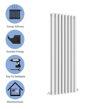 Aidal- Designer Vertical 1600x472mm Double White Oval Column Radiator