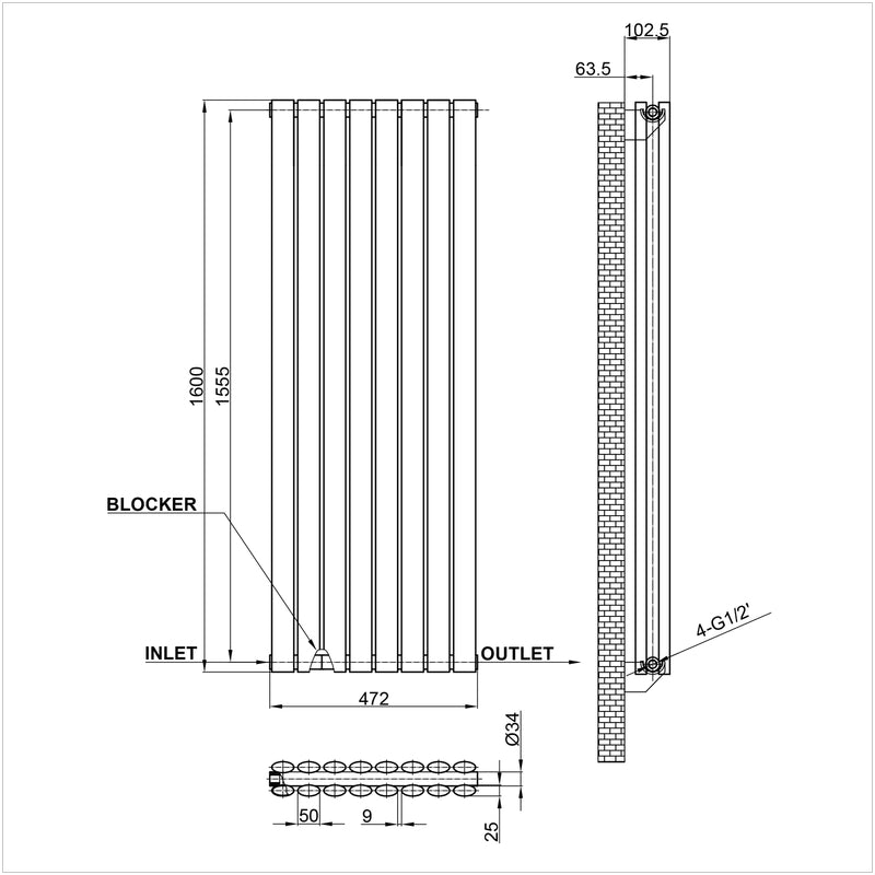 1600x472mm double white oval column radiator dimension