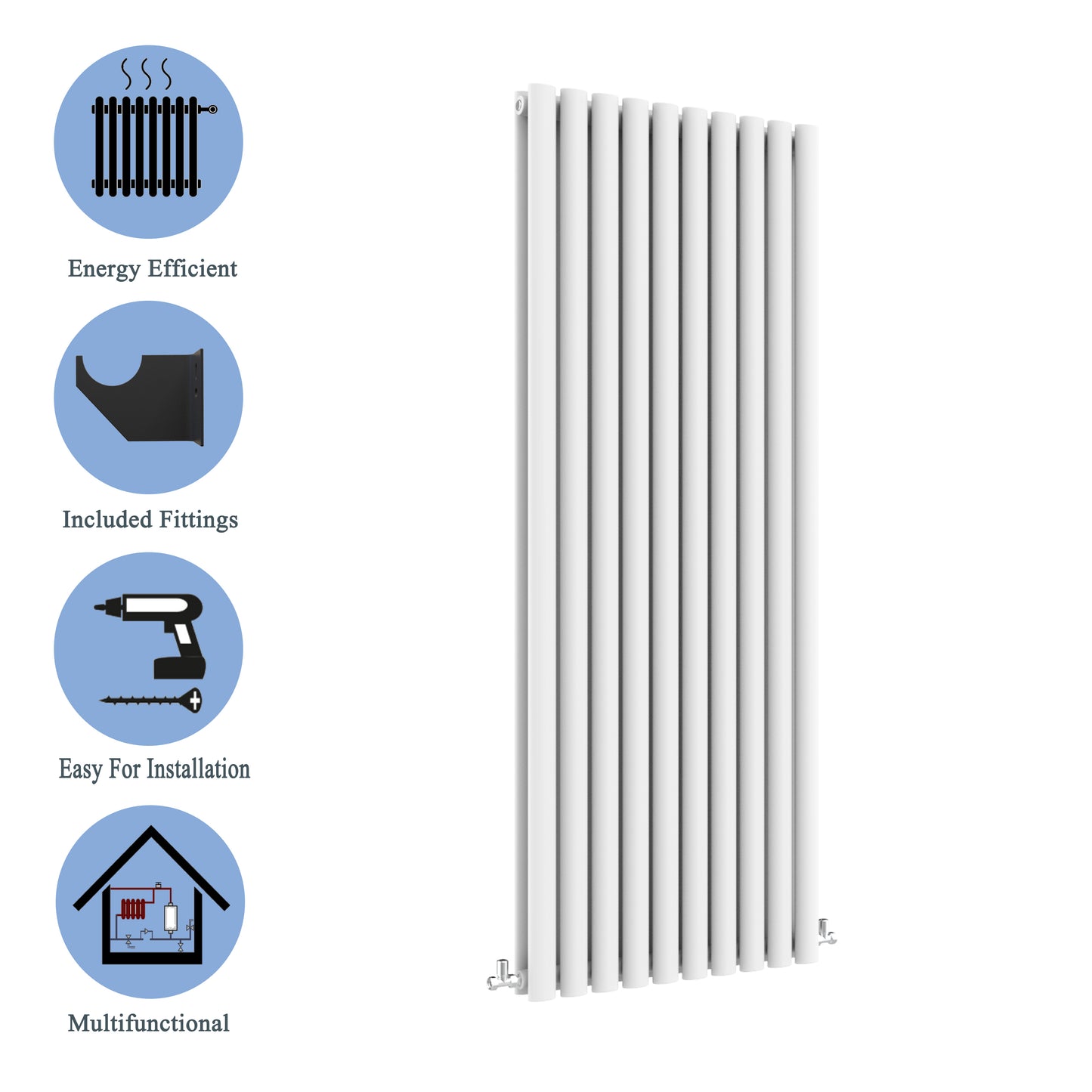 Aidal- Designer Vertical 1800x590mm Double White Oval Column Radiator