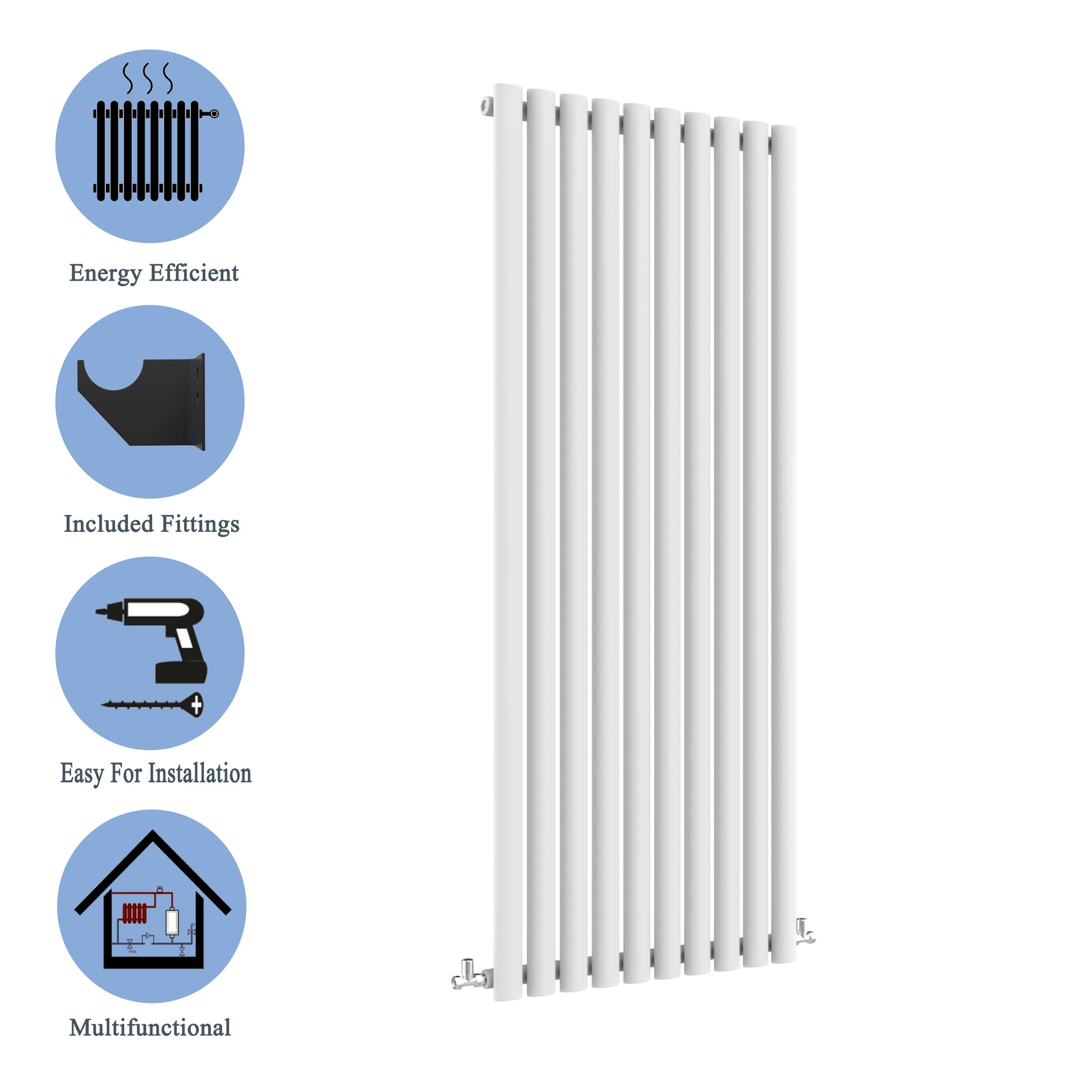 Aidal- Designer Vertical 1800x590mm Single White Oval Column Radiator