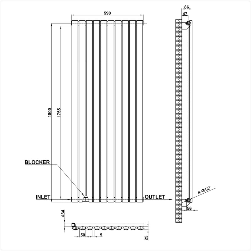 1800x590mm single white oval column radiator dimension