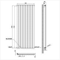 1800x590mm single white oval column radiator dimension